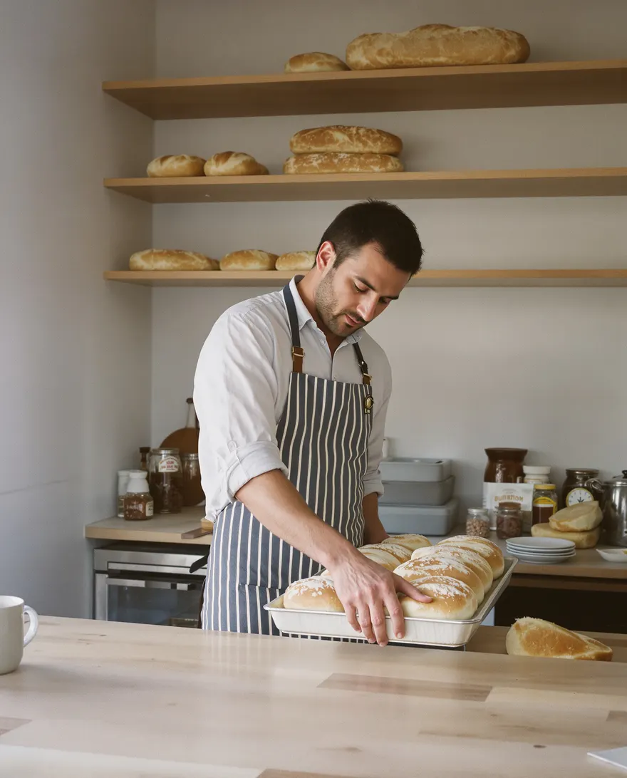 A baker setting out the morning's loaves
