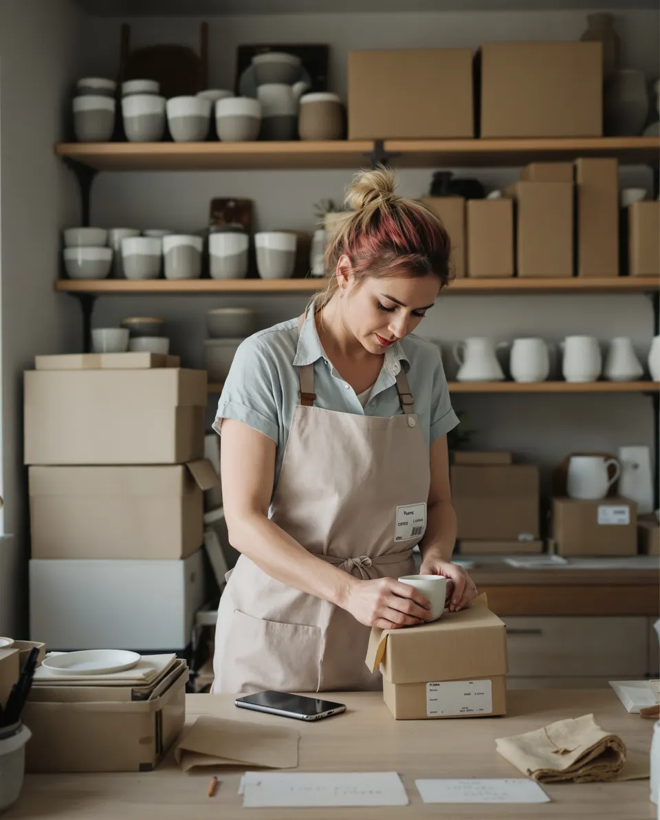 A ceramics studio owner wrapping an order